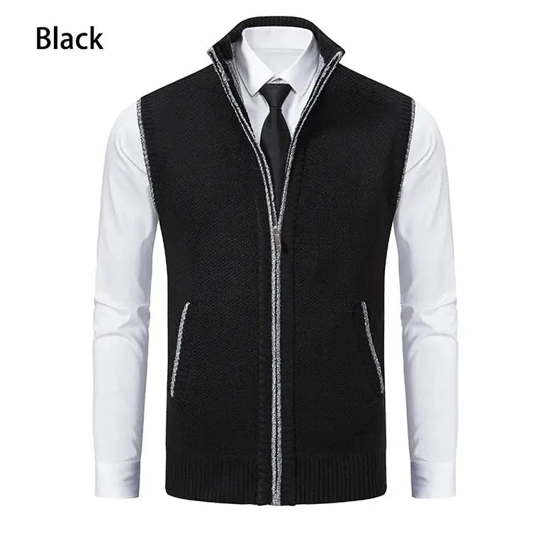 Men's black knitted sleeveless cardigan vest with zipper and stand collar.