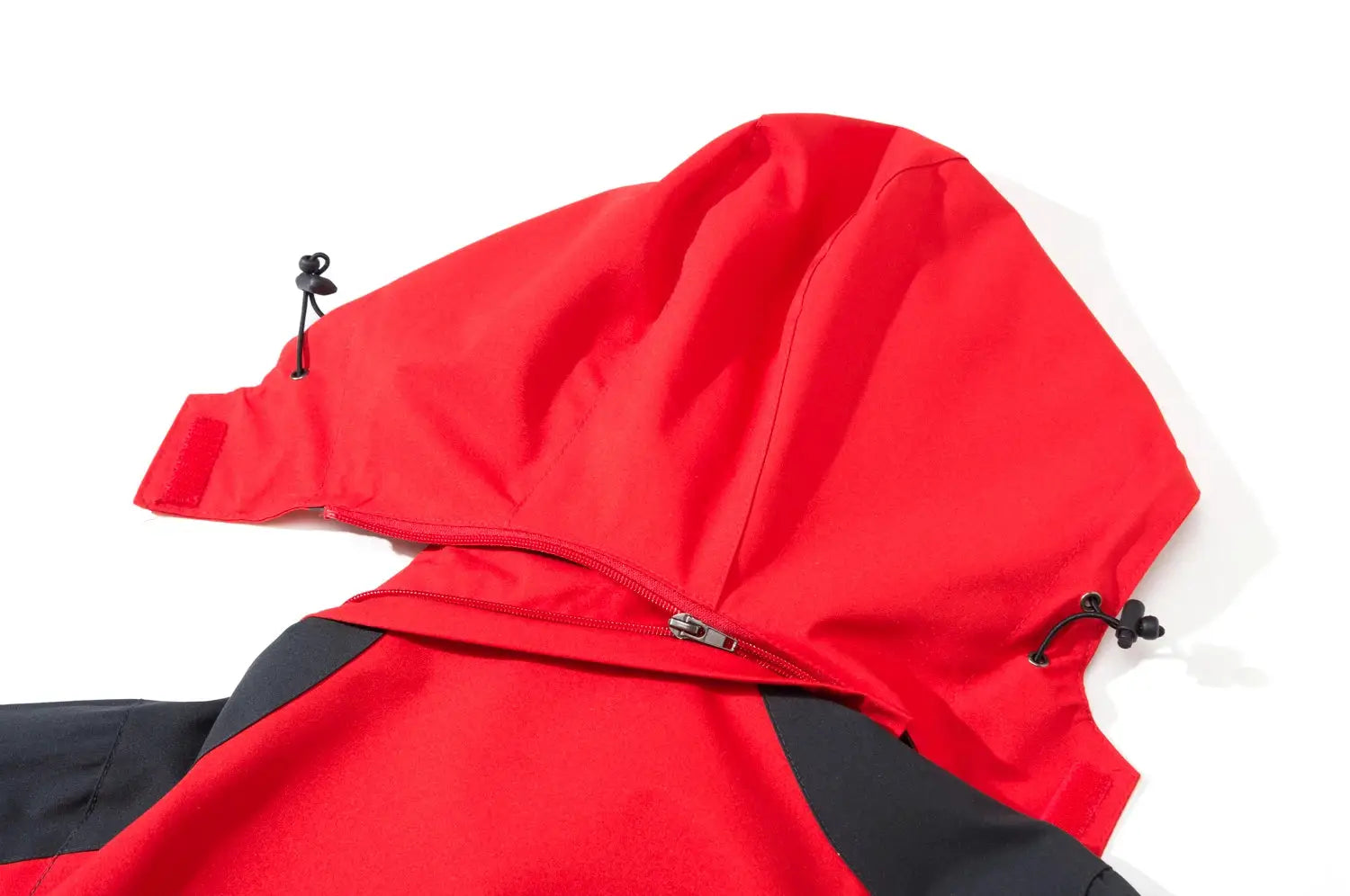 Men's waterproof hiking jacket, red with black panels, large size windproof hooded outdoor coat
