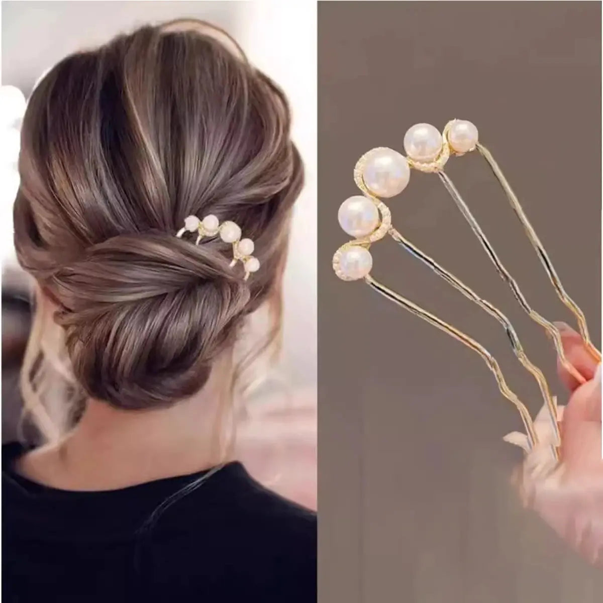 Metal U Shaped Hair Stick With Pearls For Women And Girls Easy Bun Maker Hair Accessory
