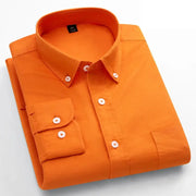 Men's orange 100% cotton long-sleeve shirt with button-down collar and single chest pocket.