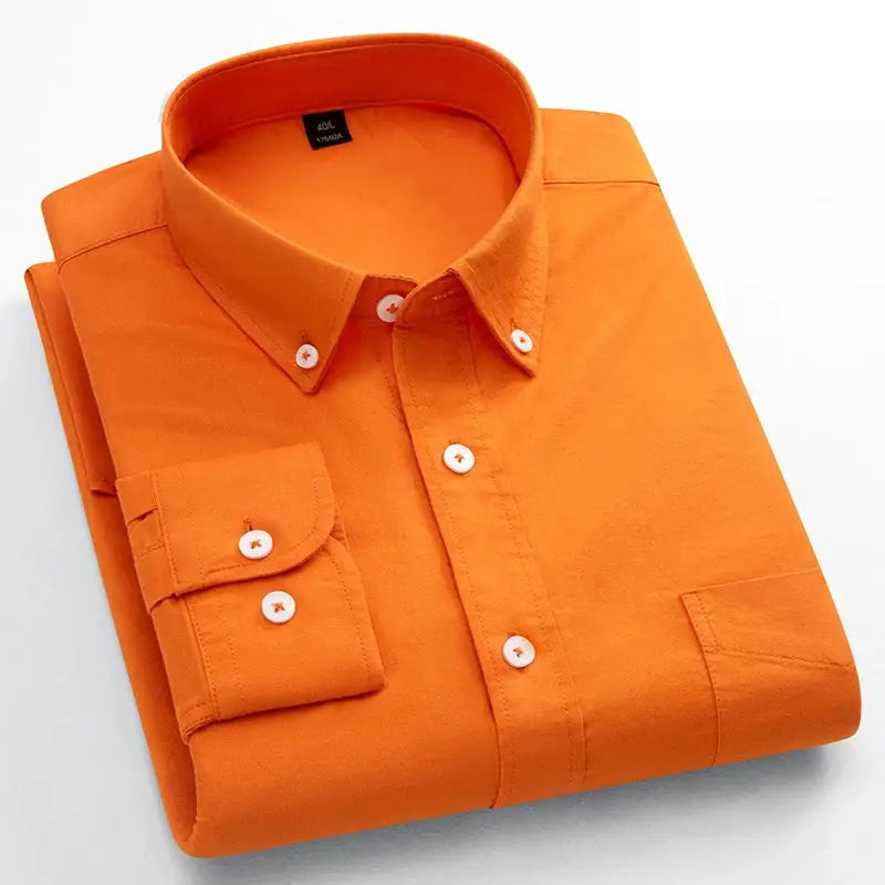 Men's orange 100% cotton long-sleeve shirt with button-down collar and single chest pocket.