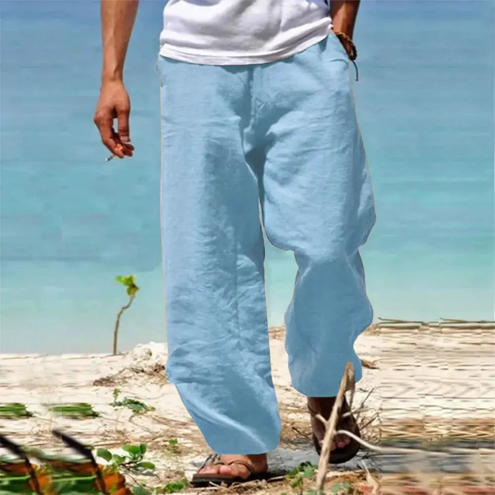 Men's Beach Pants Breathable Loose Straight Trousers Summer Casual Solid Color Japanese Streetwear