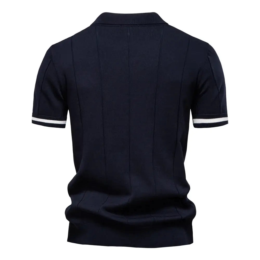 AIOPESON men's navy polo shirt back view with white-striped short sleeves