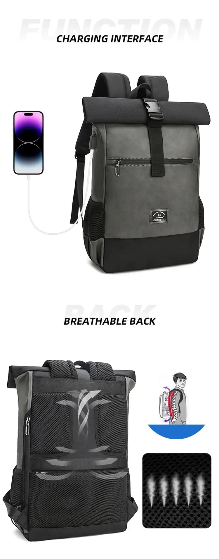 Backpack by Simples Market, waterproof USB PU leather roll-top bag in grey/black with breathable back.