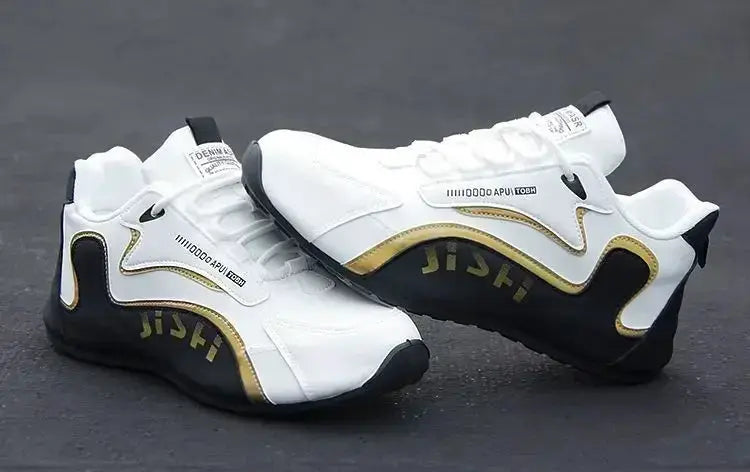Simples Market pair of white men's PU leather waterproof sneakers with black sole and gold accents
