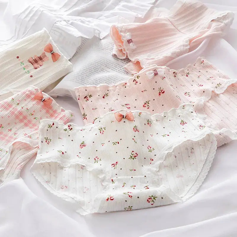 5Pcs set pure cotton women panties with floral print and lace bows, Simples Market, pastel pink/white