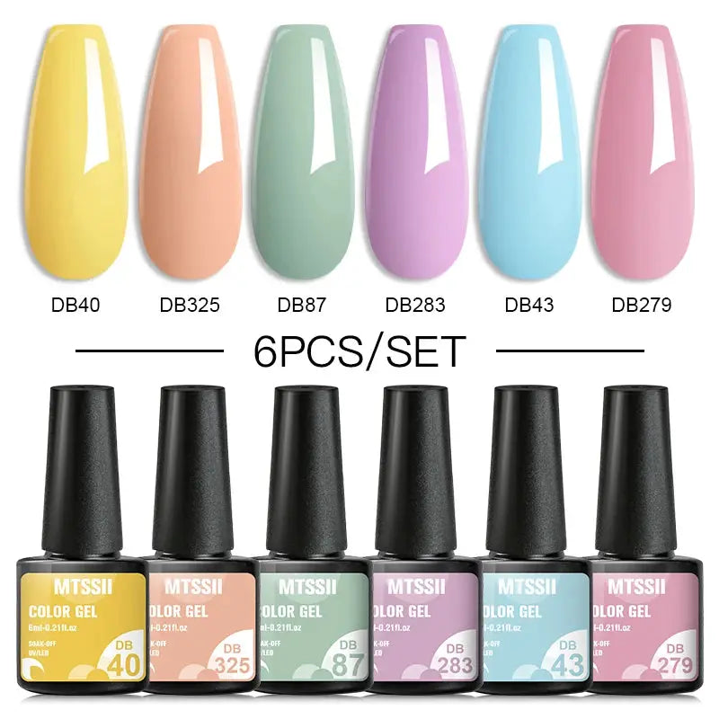 Gel nail polish set MTSSII, 6pc, colors yellow DB40, peach DB325, mint DB87, lavender DB283, sky blue DB43, pink DB279