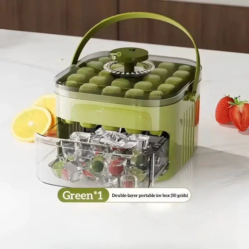 Ice cube box by Simples Market, green double-layer portable tray with lid, 50 grids