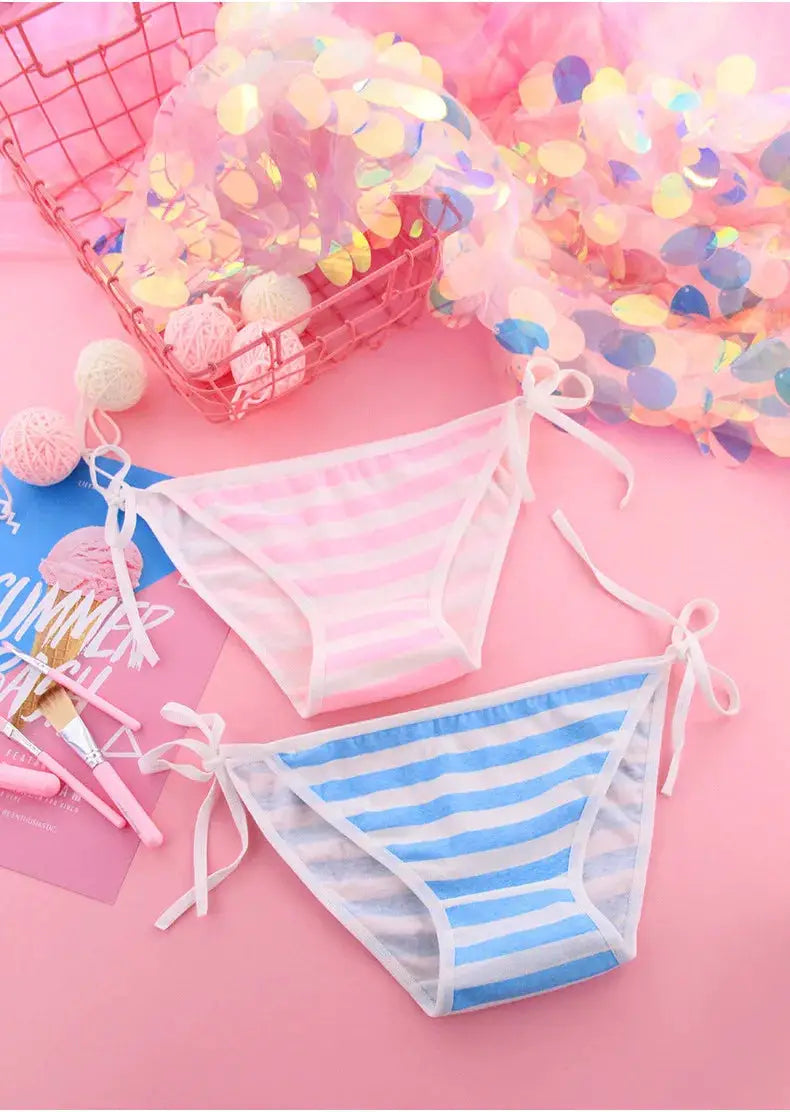 Panties by Simples Market; adorable striped soft cotton, pink/blue with white trim; tie-side briefs, 2-pack set