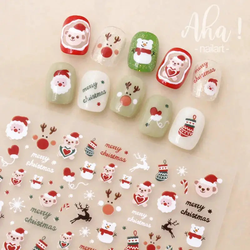 Winter Christmas nail sticker set by Simples Market; self-adhesive decor with Santa, snowman, reindeer and snowflakes.