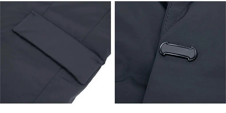 Men's navy down jacket with cuff detail and front metal toggle fastener