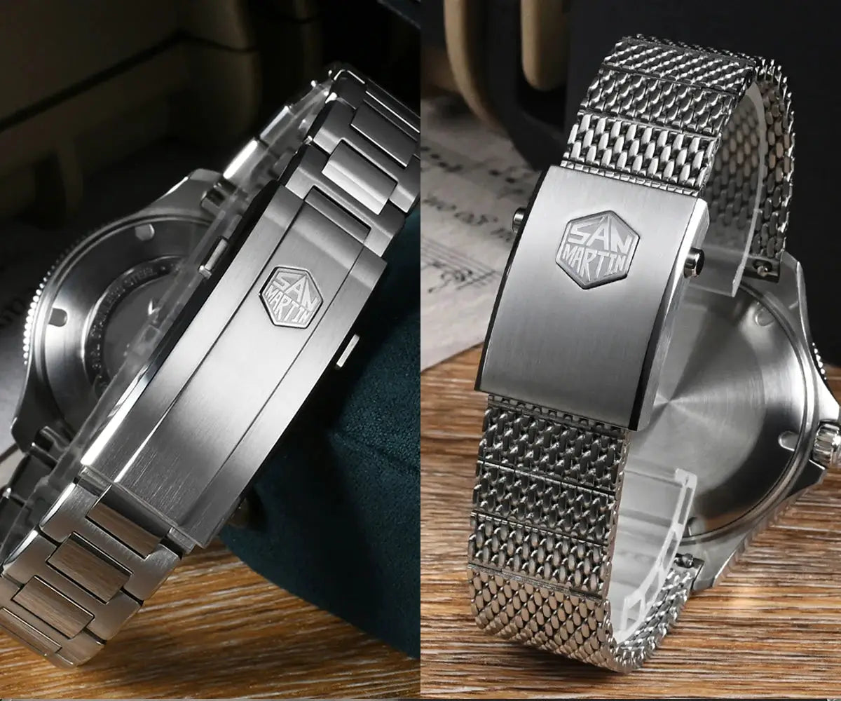San Martin 40mm dive watch for men with stainless steel bracelet and deployant clasp; NH35 automatic, 200m WR