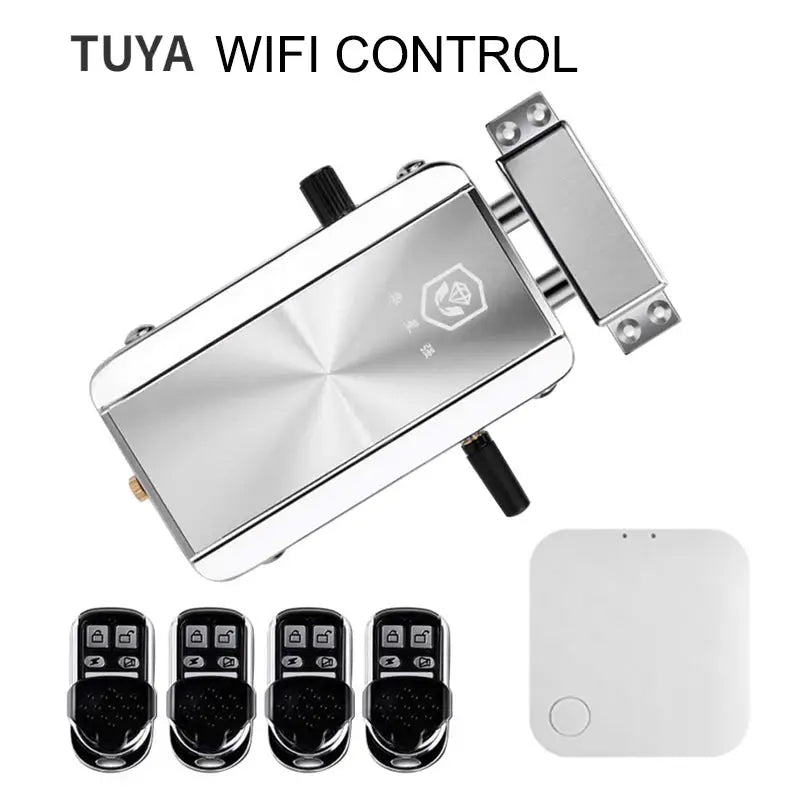 Smart door lock set in silver with four key fobs and a white control hub