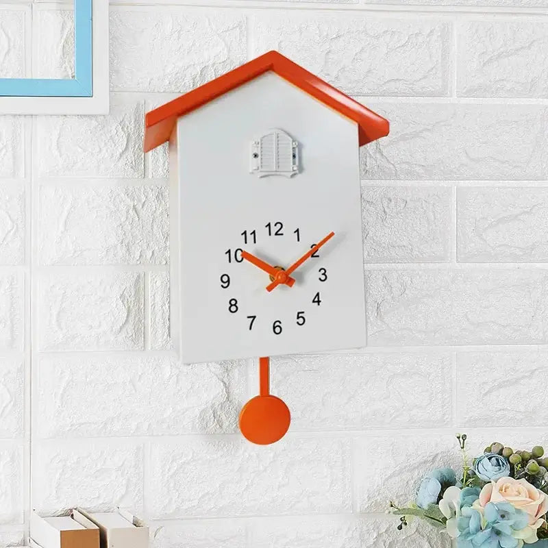 20x25cm cuckoo quartz wall clock, white house-shaped case with orange roof, hands, and pendulum