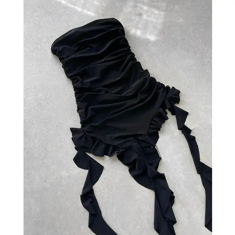 Women's Strapless Floral Mini Dress High Slit Folded Hem Backless