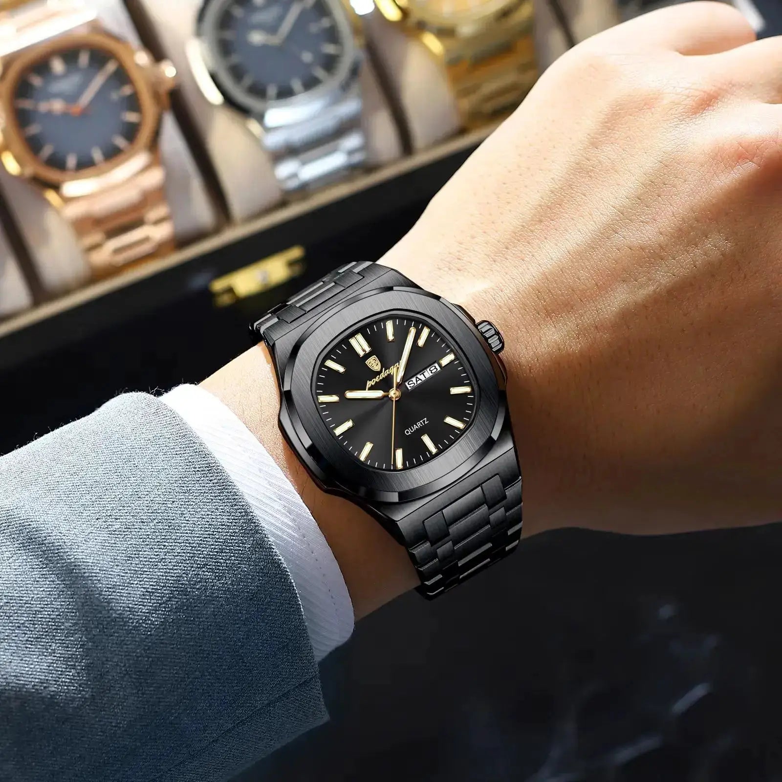POEDAGAR men's black stainless steel wristwatch with day-date display quartz