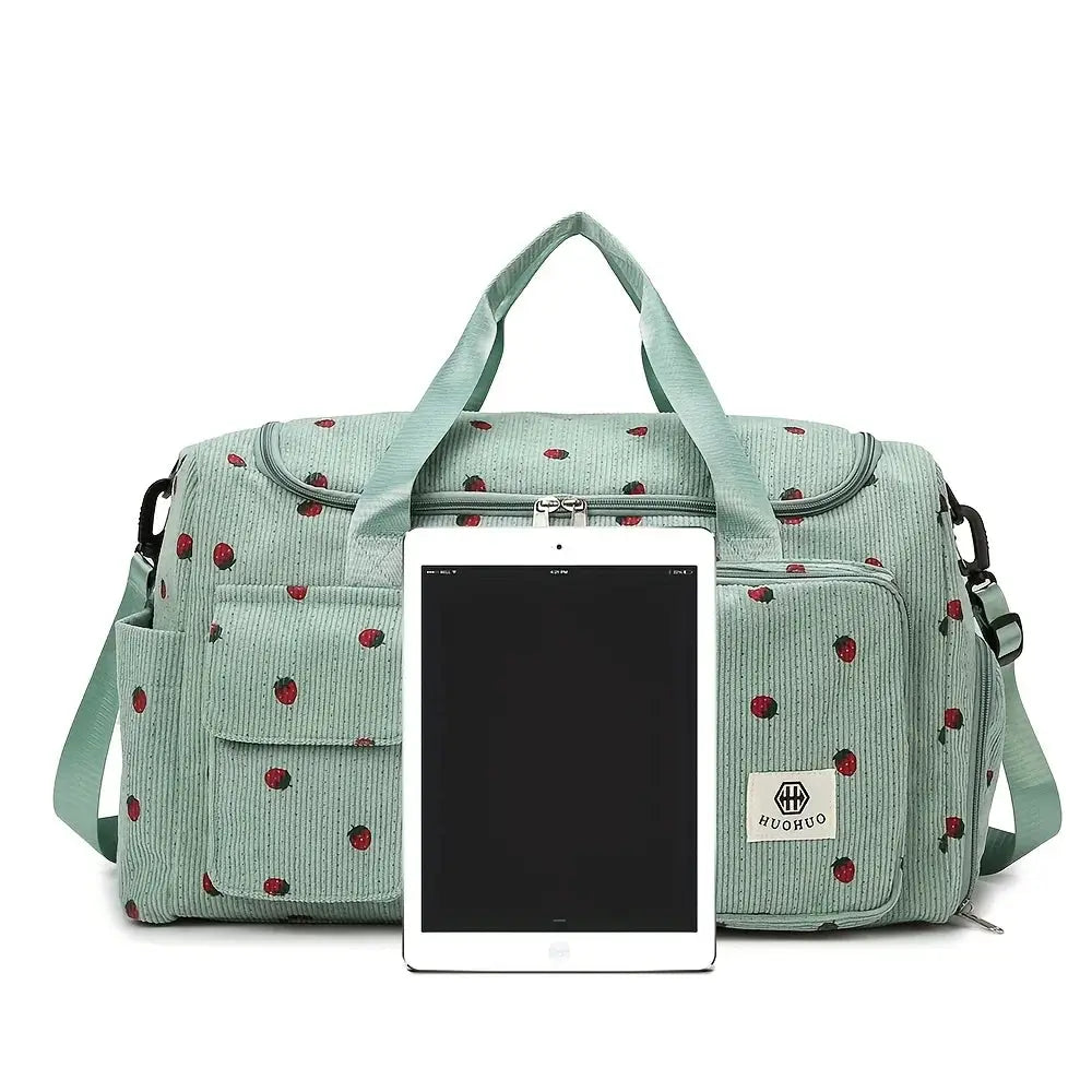 Strawberry print mint corduroy travel bag by Simples Market; large-capacity duffel with top handles and detachable strap