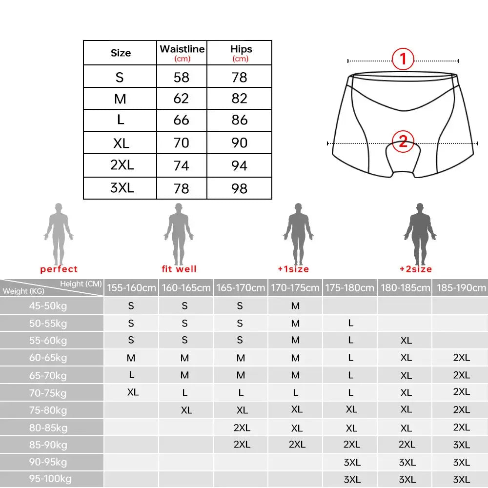Simples Market X-TIGER men's cycling underwear with 5D gel cushioned MTB boxer shorts and size chart
