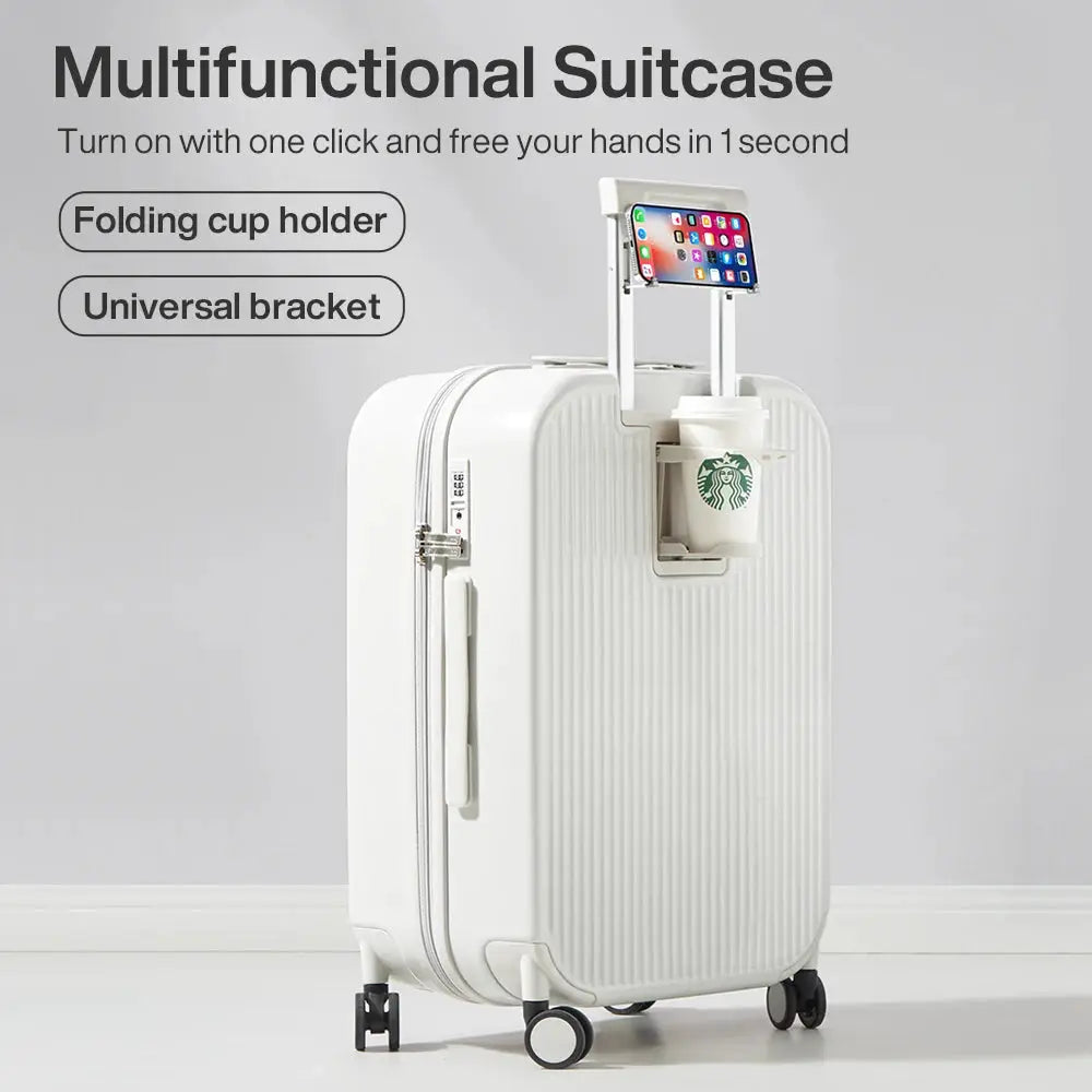 Mixi 2024 white hard-shell carry-on suitcase with top cup holder and phone stand; PC spinner wheels