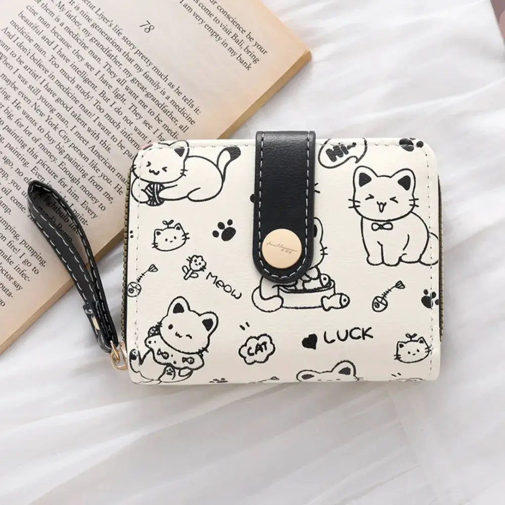 Cute cat coin purse wallet, PU leather with white and black cat doodle print and a black strap