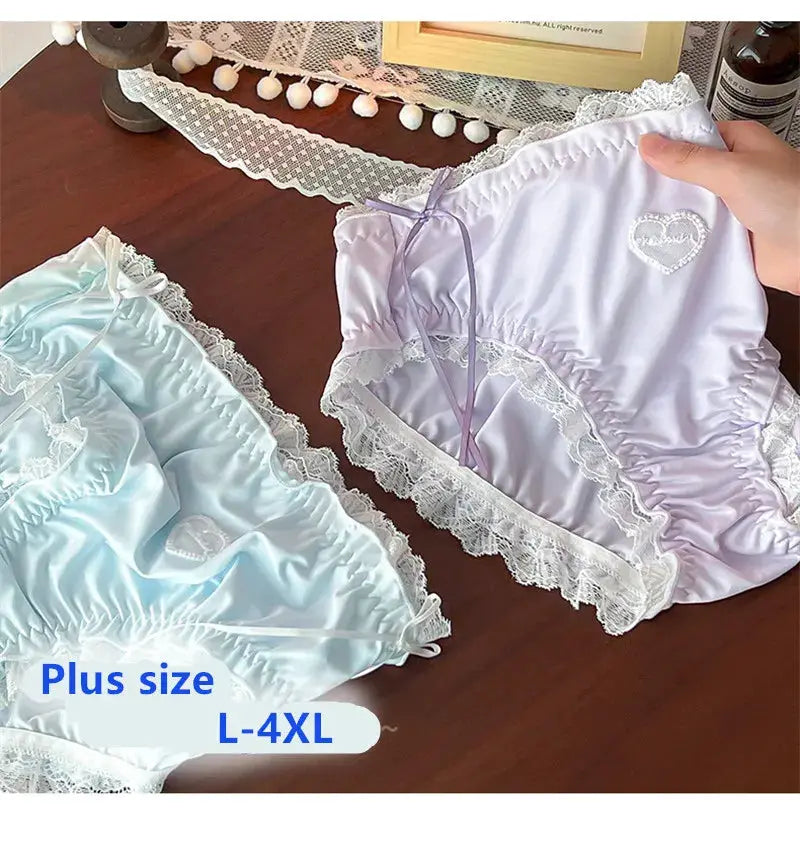 Plus-size lace panties set in lavender and pale blue with white lace trim (L-4XL)