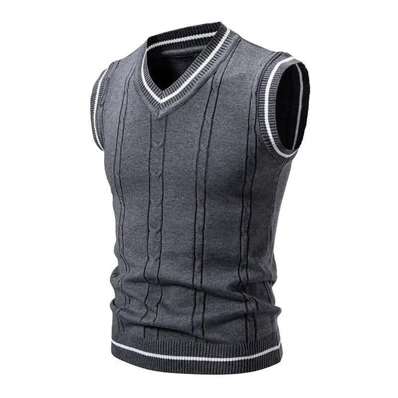 Men's gray knit V-neck sleeveless vest from Simples Market with slim fit and white trim at neck and hem.