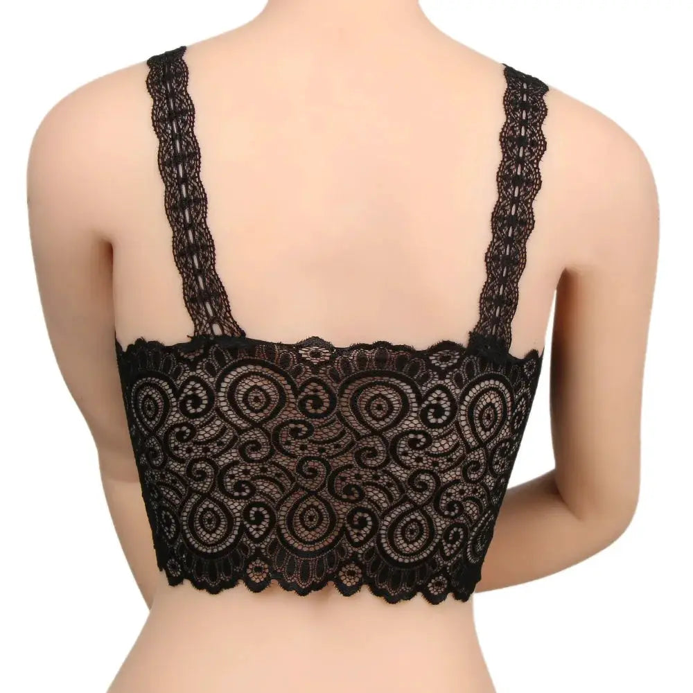 Black lace bralette by Simples Market, back view with floral crochet pattern and scalloped edge