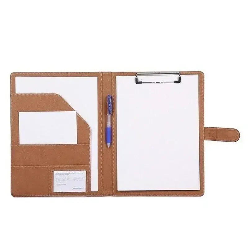 Simples Market brown PU leather A4 conference folder with pockets, card slots, and pen loop.