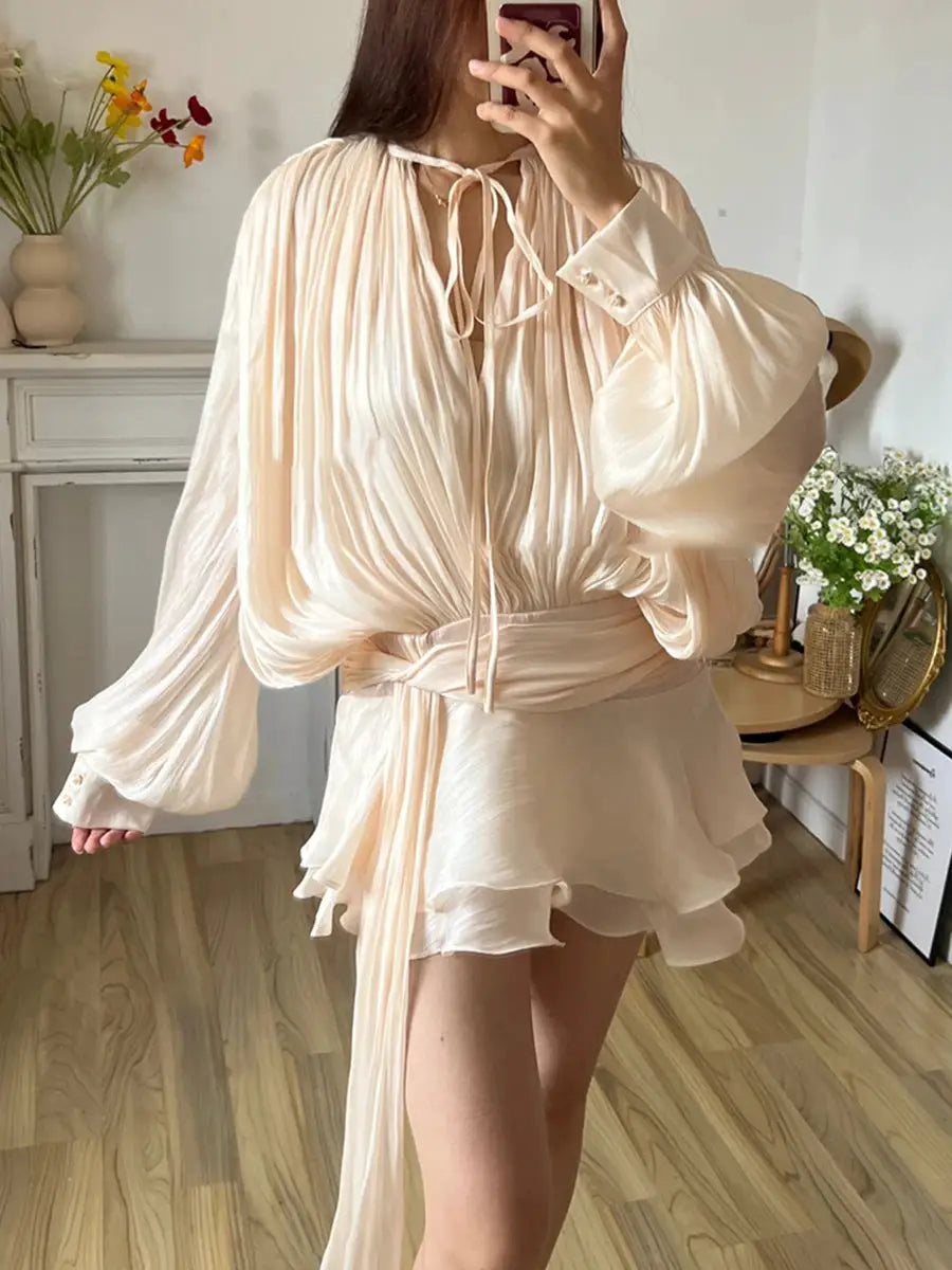 Twotwinstyle Solid Blouse Mini Dress For Women V Neck Long Sleeve Lace
