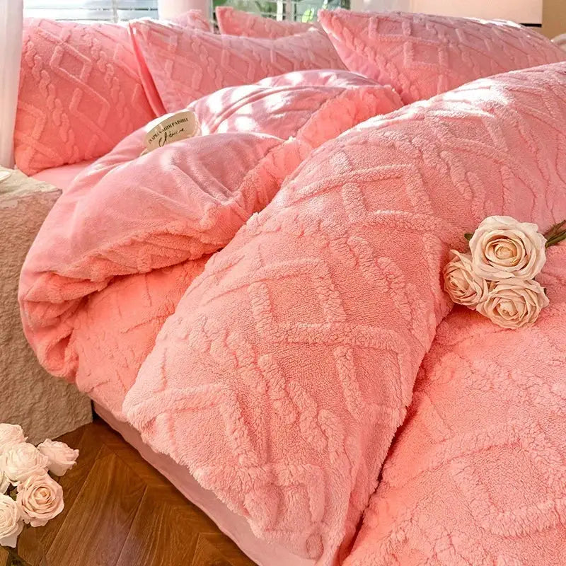 Tafuru milk fleece plush pink quilt set by Simples Market on bed with roses