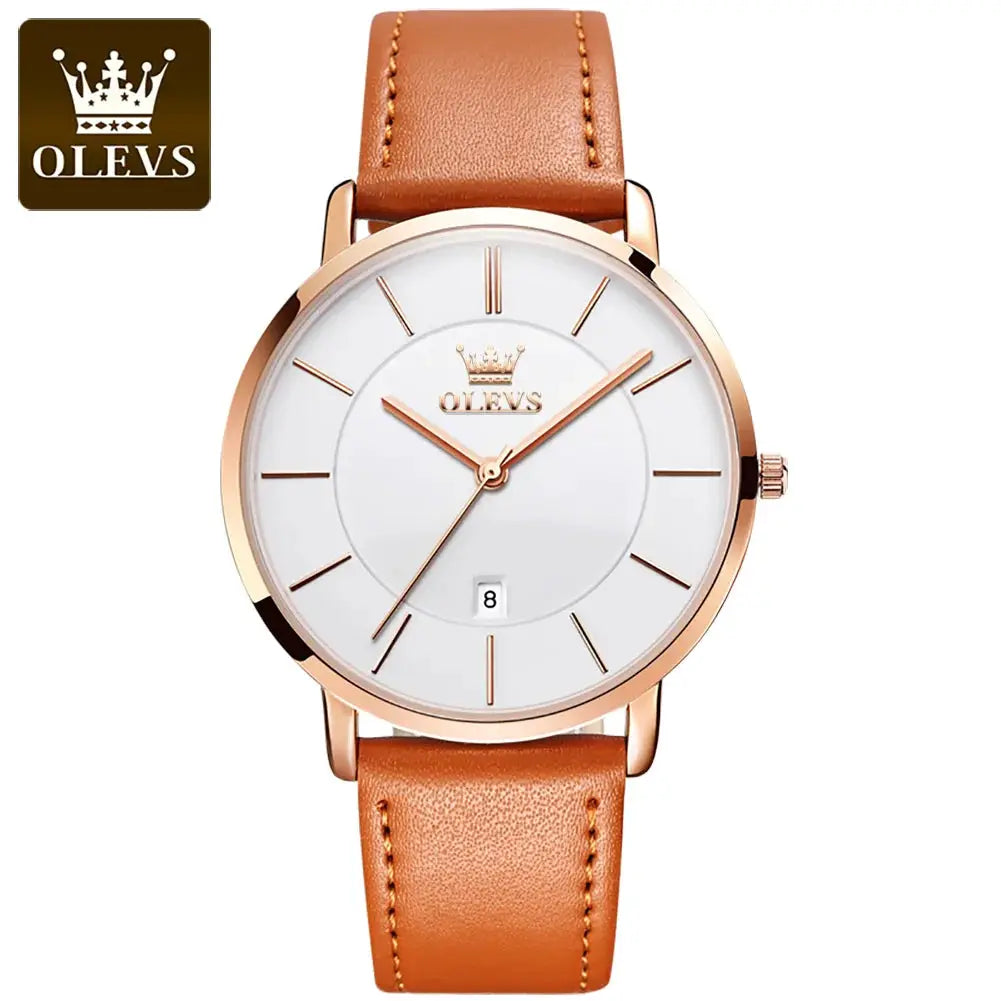 OLEVS men's wristwatch with rose-gold case, white dial, brown leather strap, date window