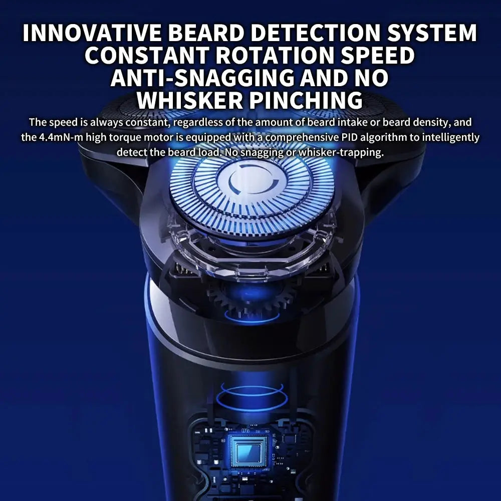 Blue 3-head electric shaver with exposed internal components and rotary head design