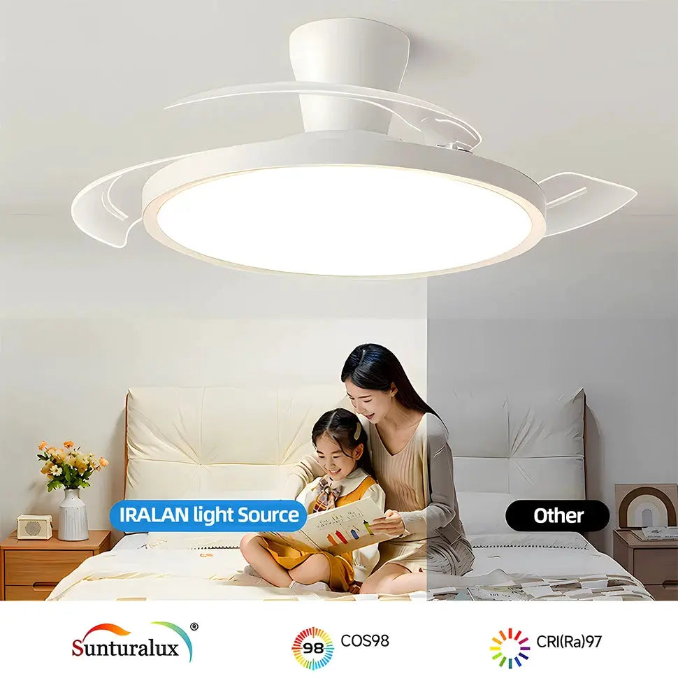 IRALAN modern invisible ceiling fan with LED light by Simples Market, white finish in a bedroom scene
