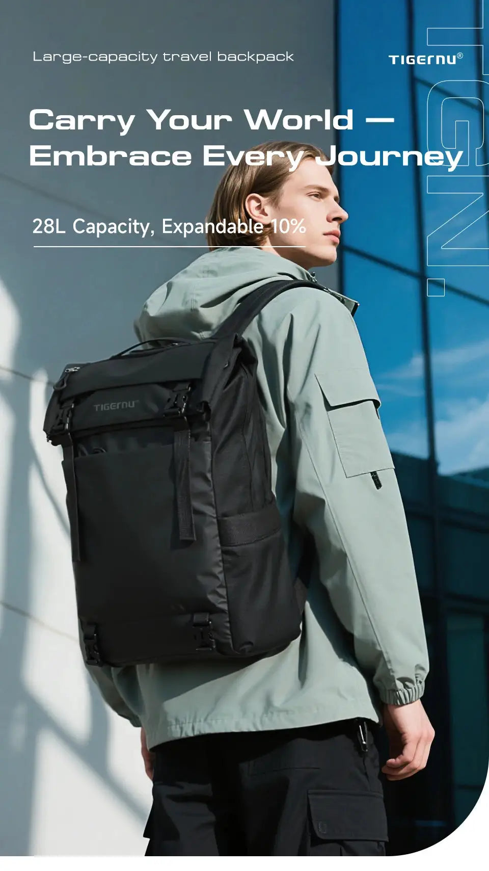 Tigernu travel backpack, black TPU waterproof, 28L expandable design