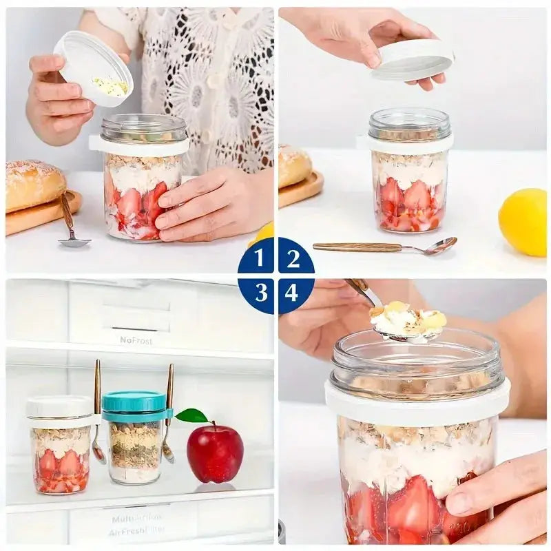 350ml Glass Overnight Oats Cup Portable With Lid And Integrated Spoon