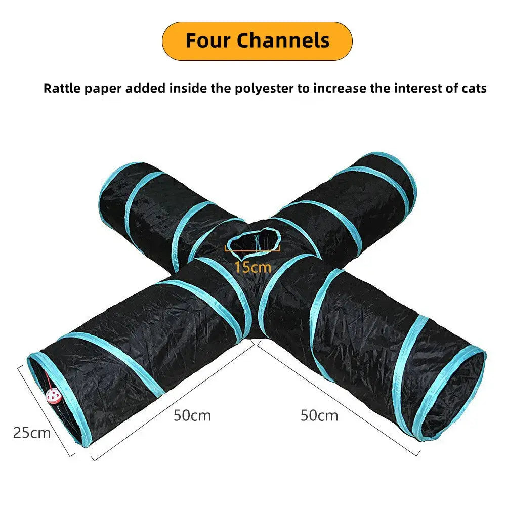 Simples Market cat tunnel toy; foldable four-channel black polyester with turquoise trim, 50cm each leg.