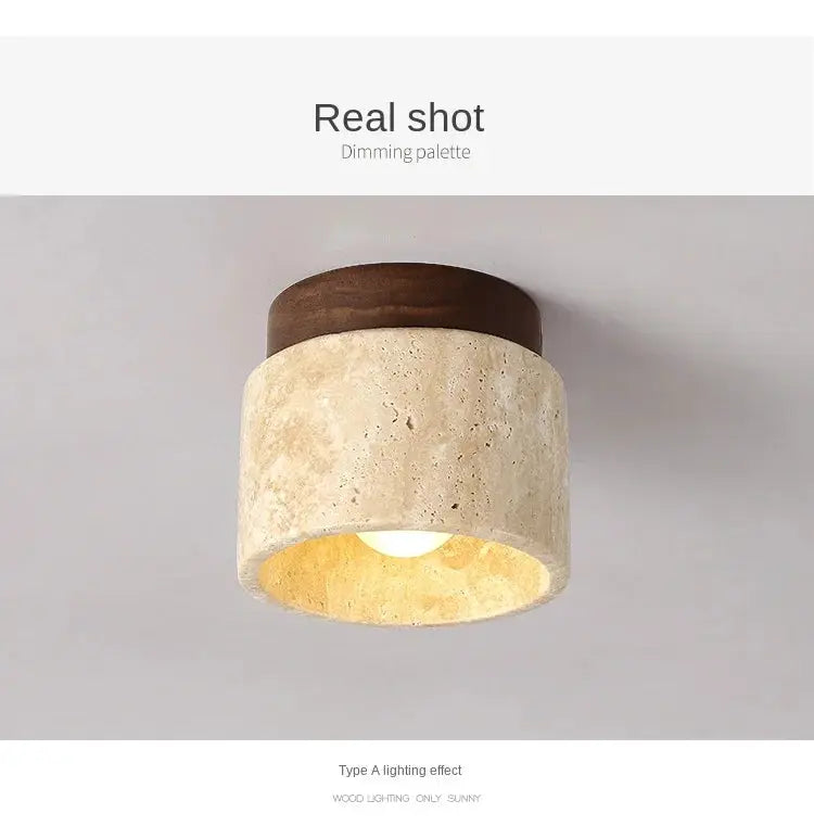 LED ceiling lamp, round stone-wood shade, surface-mounted downlight by Simples Market