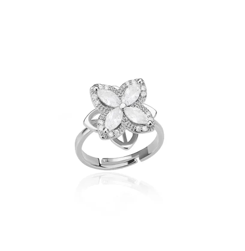 Spinner Zircon Heart Four Leaf Clover Ring For Women Stainless Steel Anti Stress Fidget Jewelry Christmas Gift