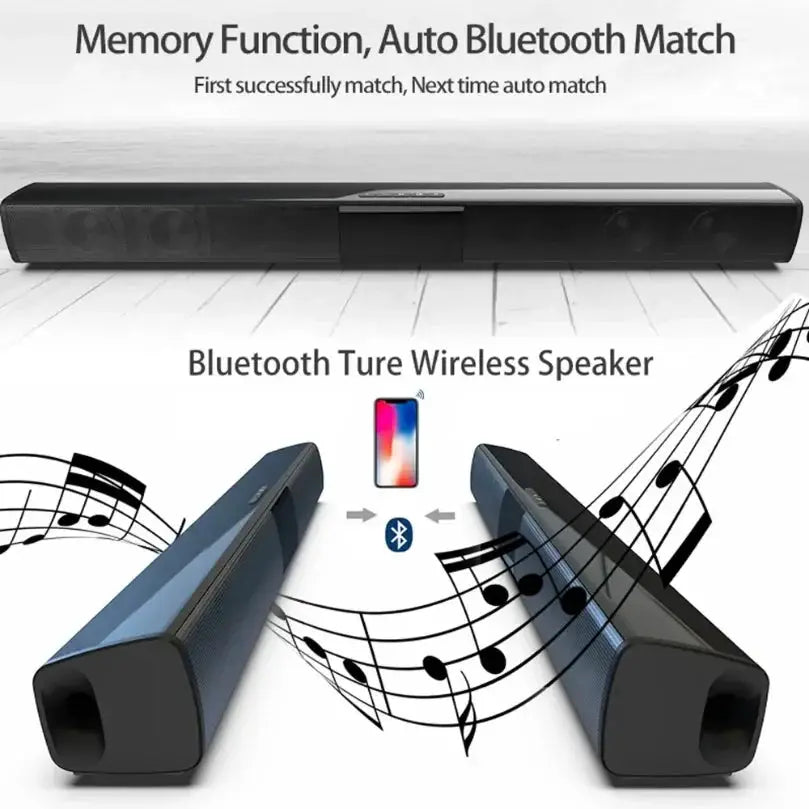 XIKCU Bluetooth 5.3 soundbar with two blue-gray wireless speakers and remote control