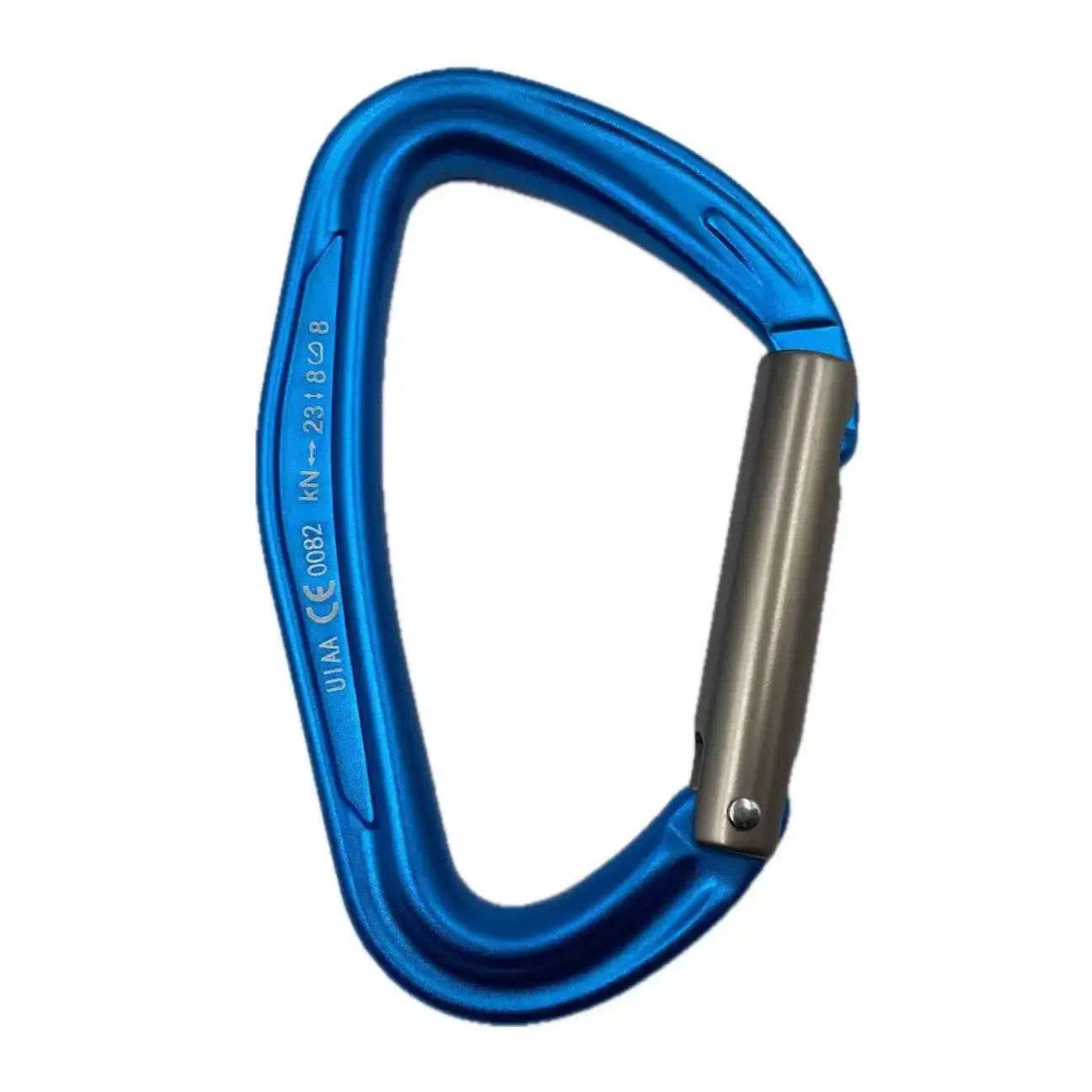CLIWIZ SGM7118 curved D-shaped blue aluminum climbing carabiner with 23kN rating and CE/UIAA certification.