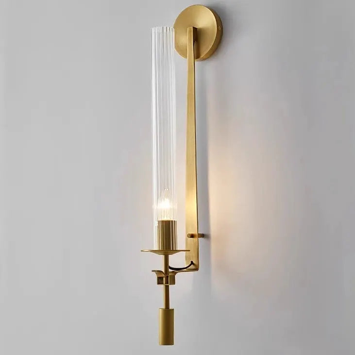 Simples Market copper wall sconce lamp with tall clear ribbed glass column and candle-style light