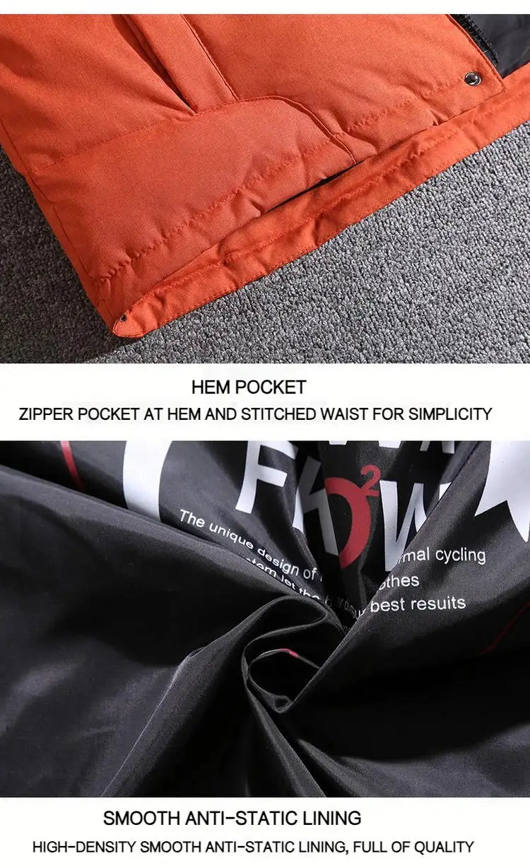 Men's orange hooded down jacket by Simples Market with quilted puffer and hem pocket
