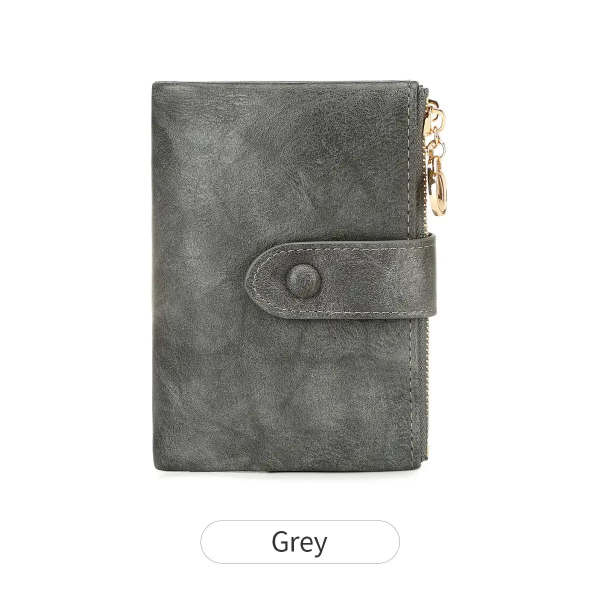 Grey minimalist women's wallet with snap strap, gold double zipper, large-capacity card holder