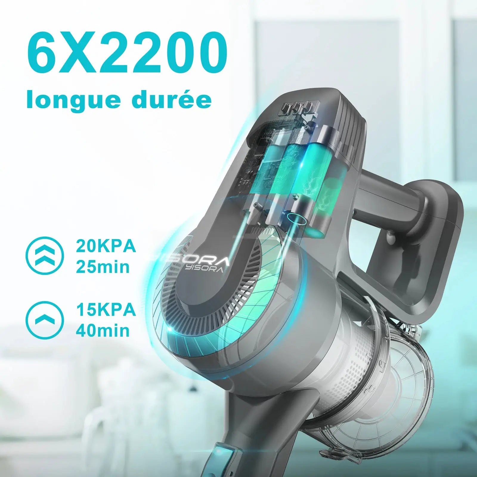 YISORA N300 cordless upright vacuum cleaner by Simples Market; cutaway view shows battery and motor.
