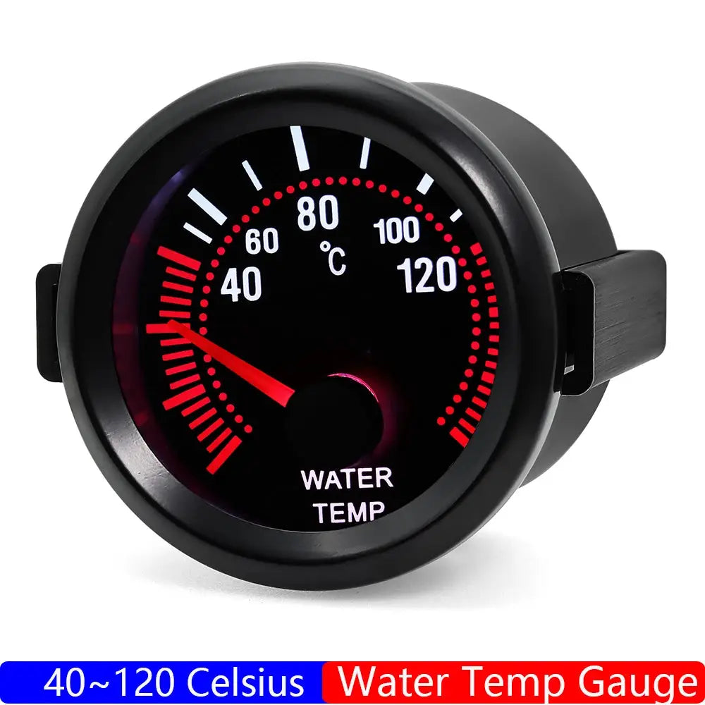 52mm black water temperature gauge with red needle and 40–120°C scale, WATER TEMP label