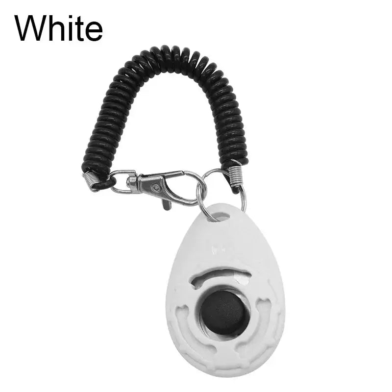 Adjustable Dog Training Clicker by Simples Market - white clicker with black button on coiled wrist strap & keychain