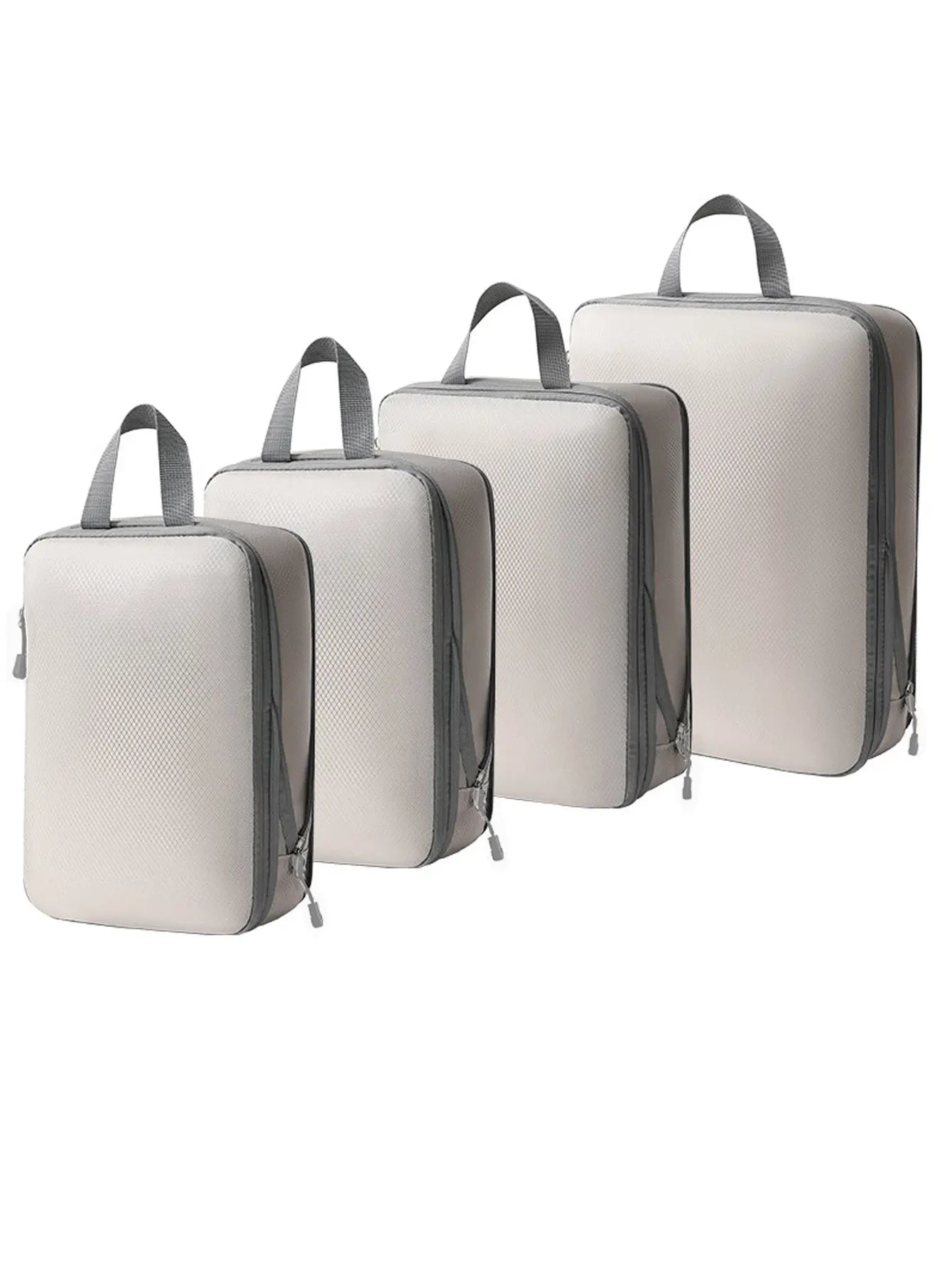 Compressed packing cubes set, four-piece, Simples Market; beige with gray trim and handles, travel organizers