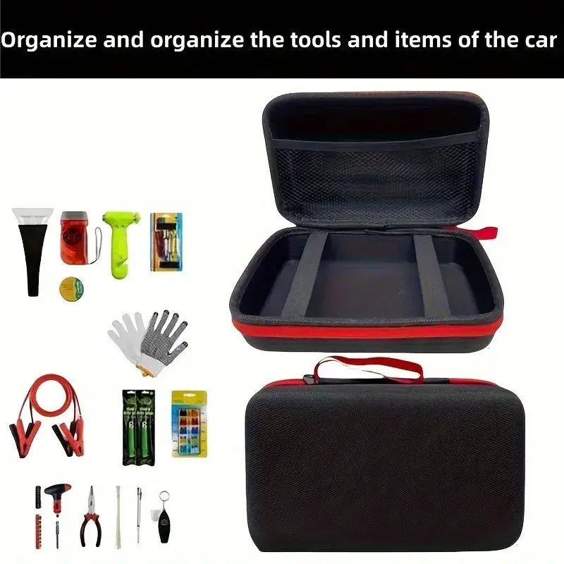 EVA tool organizer case, black with red zipper, open to show interior dividers and mesh lid pocket