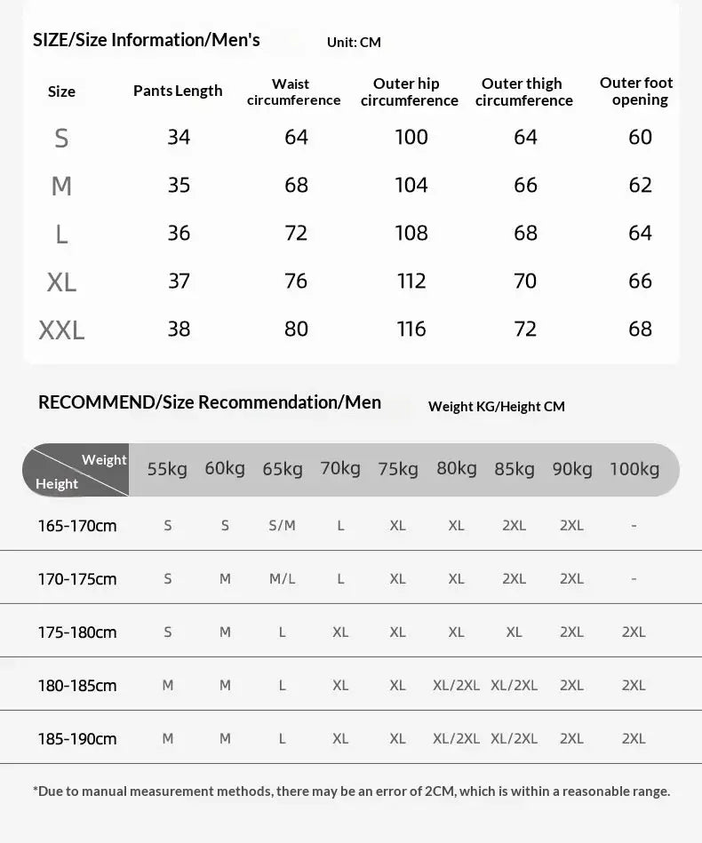 Simples Market Mens Summer Running Shorts Double Layer size chart with S–XXL waist, hip, thigh, length measurements and height/weight guidance