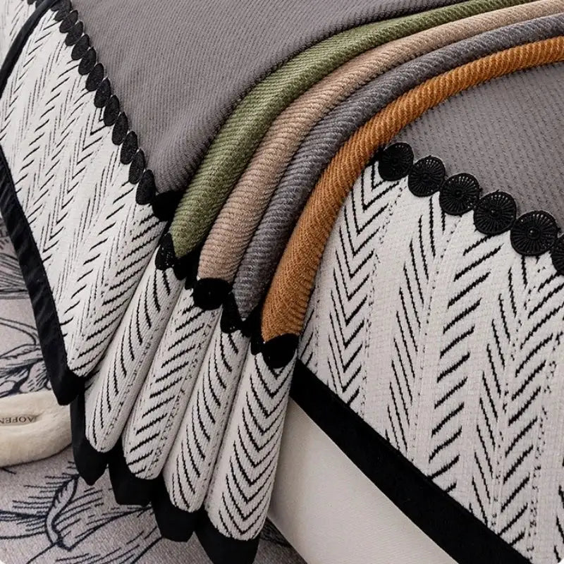 Simples Market sofa slipcover set with contrast-hem twill chenille in gray and multicolor tones.